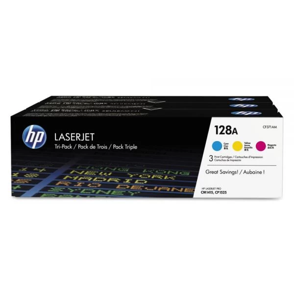 HP 128A, (CF371A-M) 3-Pack Cyan/Magenta/Yellow Original LaserJet Toner Cartridges 3 HP 128A, (CF371A-M) 3-Pack Cyan/Magenta/Yellow Original LaserJet Toner Cartridges