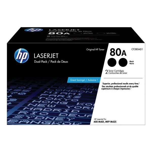 HP 80A, (CF280A-D) 2-Pack Black Original LaserJet Toner Cartridges 3 HP 80A, (CF280A-D) 2-Pack Black Original LaserJet Toner Cartridges