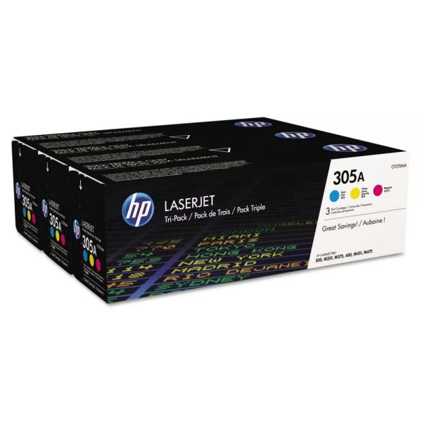 HP 305A, (CF370A-M) 3-Pack Cyan/Magenta/Yellow Original LaserJet Toner Cartridges 3 HP 305A, (CF370A-M) 3-Pack Cyan/Magenta/Yellow Original LaserJet Toner Cartridges